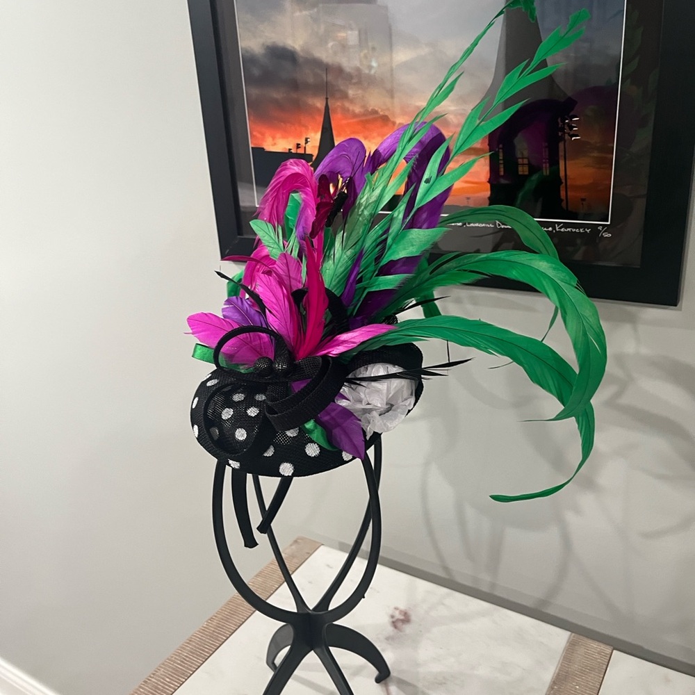 Elegant Feathered Fascinator - Black, Pink, Green for derby!